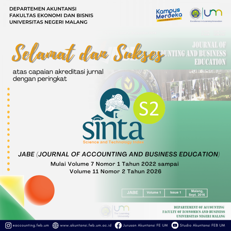 Selamat dan Sukses atas capaian akreditasi jurnal dengan peringkat SINTA 2  JABE (JOURNAL OF ACCOUNTING BUSINESS AND EDUCATION)